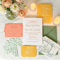 Suite d'invitations de mariage de luxe en papier texturé rose, jaune et vert, impression numérique, motif tropical, découpe feuille de palmier, impression de carte
