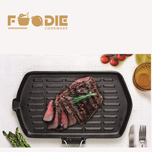 Poêle à griller <span class=keywords><strong>rectangulaire</strong></span> en fonte pré-assaisonnée avec poignée en <span class=keywords><strong>bois</strong></span> pliable, polyvalente pour grillades de steaks et d'œufs - Product Image 5