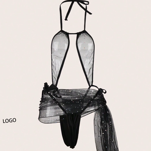 Conjunto de Lencería Sexy de Tres Piezas al por Mayor a Precios Bajos, Camisón Transparente con Encaje y Escote Halter, Diseño de Dos Piezas - Product Image 4