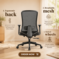 Chaise de bureau ergonomique moderne en maille noire avec accoudoirs réglables, dossier incurvé ouvert, base pivotante en nylon et fonction d'inclinaison pour le bureau à domicile