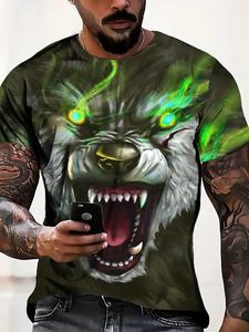 T-shirt da <span class=keywords><strong>uomo</strong></span> a maniche corte in maglia 3D personalizzata con stampa <span class=keywords><strong>lupo</strong></span>, taglie forti, 180g, casual elegante, con bottoni, spedizione gratuita - Product Image 3