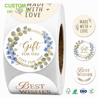 Rouleau d'autocollants ronds personnalisés en PP, imperméables, avec design « Fait avec amour », pour la décoration d'emballages cadeaux et l'impression.