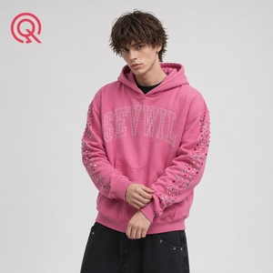 <span class=keywords><strong>Felpa</strong></span> con Cappuccio <span class=keywords><strong>Rosa</strong></span> di Lusso per <span class=keywords><strong>Uomo</strong></span>, Streetwear Personalizzato con Ricamo e Gemme Multicolore sulle Maniche - Product Image 1