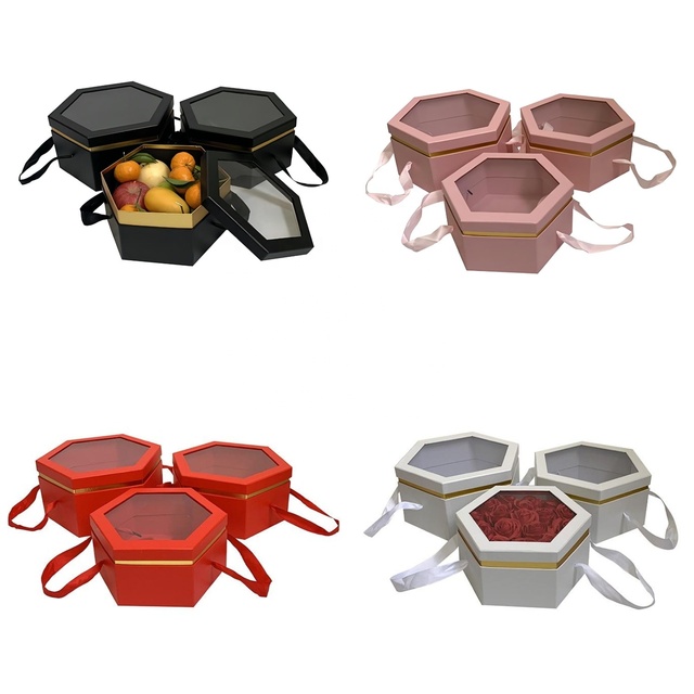New Set of 3 Portable Fruit and Flower Gift Boxes with Hexagonal PVC Transparent Window Embossed Printing Portable Design