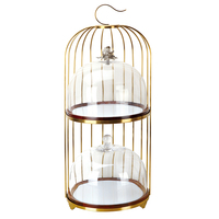 Support à dessert de luxe en forme de cage à oiseaux dorée à 2 niveaux avec dôme en verre pour le thé de l'après-midi