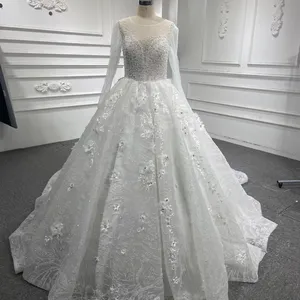 皇后礼服3d花朵婚纱新娘花式长袖珠饰婚纱
