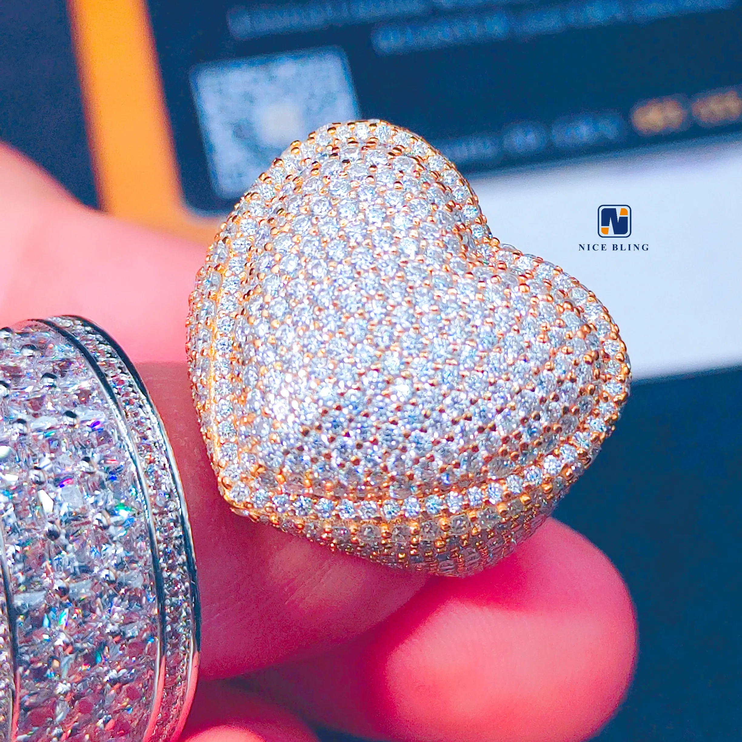 925 anello Hip Hop da uomo anelli Moissanite placcati in oro anello di fidanzamento a forma di cuore ghiacciato