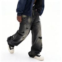 Jean large noir délavé et déchiré pour homme – Tendance et stylé avec patchwork – Coupe droite longue