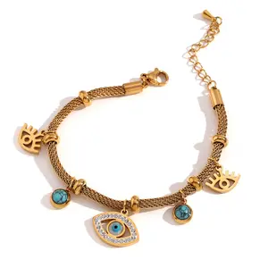 Popular Fashion Jewelry Set Stainless Steel 18k Gold Plated Mesh Chain Eye Bracelet Turquoise Zircons Eye Necklace