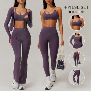 Women's Bell Bottom Long Sleeve Jacket Set with <b>Lace</b> Pockets Yoga Set Custom logo Workout Gym Fitness Set with Coat - Product Image 2