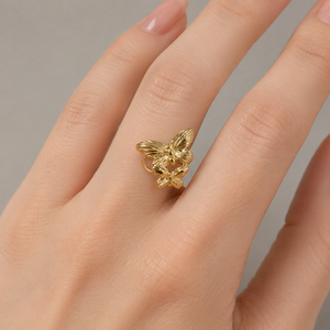 Double Butterfly <b>Open</b> <b>Ring</b> Stainless Steel 14K Gold Vacuum Plated Adjustable Ribbed Wing Statement <b>Ring</b> - Product Image 5