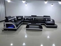 Ensemble de canapés au design européen moderne, noir et blanc, avec éclairage LED, en tissu confortable et durable, pieds en bois, rembourrage en mousse, pour appartement et salon