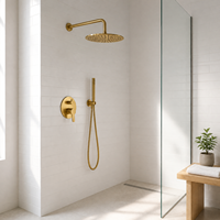 Ensemble de douche doré mural avec pommeau pluie, douchette à main, finition brossée, mitigeur, inverseur, flexible en spirale sans plomb