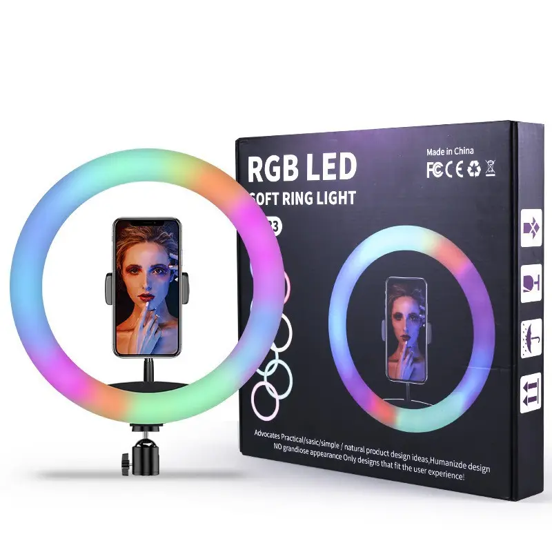 Bal Selfie Video Opname Rgb Kleur Zachte Ring Licht Remote Cirkel Lamp Met Rotatie 360 12/13/14 Inch Rgb Led Fill Licht 360