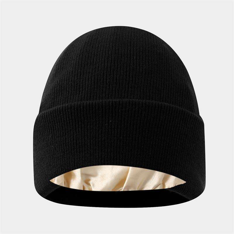 Golden lined warm knit hat-[black]]
