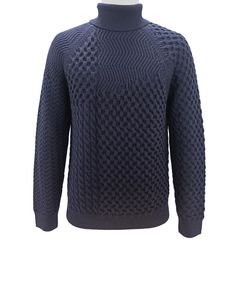 <b>Men's</b> Navy Blue <b>Turtleneck</b> Knitted <b>Sweater</b> Geometric Pattern Full Sleeve Thick Winter Pullover - Product Image 1