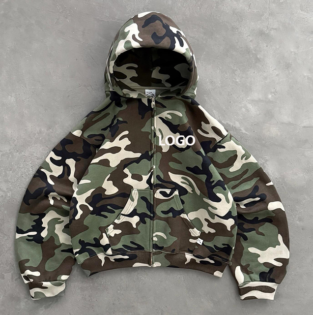 Custom Thick Camo Hoodie Unisex Camo Pullover Hoodie for Men Boxy Camouflage Zip-up Hoodie Streetwear