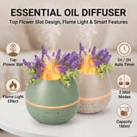 Diffuseur d'arômes pour plantes et fleurs 180 ml, diffuseur d'arômes au sel de l'Himalaya, flamme réaliste avec minuterie et brume nano, réglage de l'arôme pour la maison