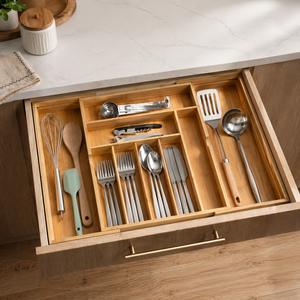 Custom Expandable Bamboo Utensil Drawer Organizer Adjustable <strong>Kitchen</strong> Cutlery <strong>Tray</strong> with 9 Slots for Silverware Knives Storage - Product Image 4