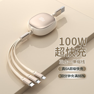 Cable de carga retráctil 3 en 1 de 100 W con carga rápida y conectores USB C y Micro USB para teléfonos móviles - Product Image 1