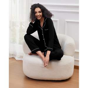 Pyjamas en viscose de bambou pour femmes, doux et côtelés, ensemble 2 pièces, haut boutonné et pantalon, tailles S à XXL - Product Image 1