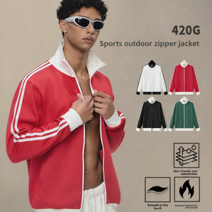 Sweat-shirt rétro à rayures contrastées avec fermeture éclair, 420G, col montant, style streetwear américain, pour homme - Product Image 2