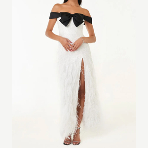 Robe longue élégante personnalisable pour femme, en satin, à épaules dénudées, avec nœud et sequins, taille empire, pour soirée, bal et mariages, avec traîne - Product Image 2