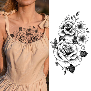Niñas Mujeres Sketch Style Sexy Pecho Vientre <span class=keywords><strong>Hombro</strong></span> Transferencia de agua Arte corporal Falso Flor negra Tatuaje temporal - Product Image 1
