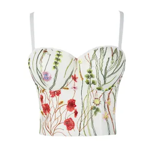 In Stock V neck white embroidery short spaghetti strap stylish women vest crop tank top