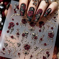 Autocollants pour ongles 5D, design punk, rose épineuse, crâne, or et argent métalliques, décorations auto-adhésives gothiques pour nail art