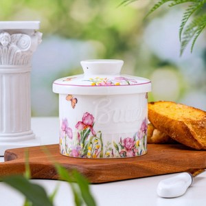 Pot à beurre en céramique rétro pastoral avec couvercle, récipient de rangement pour beurre et fromage pour la décoration de la table à manger - Product Image 1