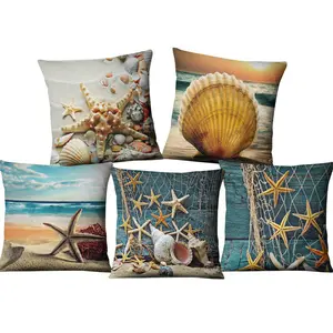 2024 Offre Spéciale rustique en bois filet de pêche étoile de mer taie d'oreiller carré nautique housse de coussin pour canapé canapé maison voiture