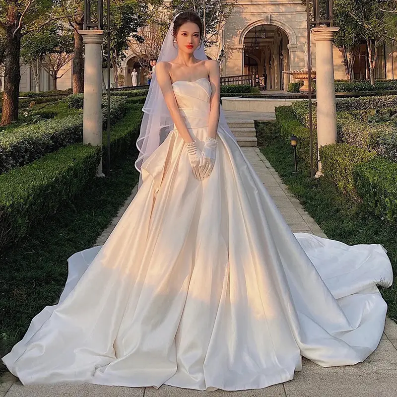 SUNNY Wedding Dresses Train Sweetheart Elegant Puffy Princess Thin Simple Trailing Satin Dress Bride Gown