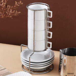 Dongyang Ceramic Coffee Cup And Saucer Set With Iron <b>Stand</b> 4 Cups 4 Saucers 51-100Ml White Solid Color For <b>Afternoon</b> <b>Tea</b> - Product Image 2