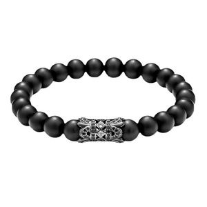 Men's Black Beaded <b>Bracelets</b> <b>Set</b> With Rhinestone Ball Charms Hiphop Style Alloy Jewelry Gift - Product Image 3