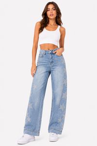Jean en denim taille haute à jambe large avec broderie étoile, coupe ample, longueur intégrale, en coton délavé, style décontracté - Product Image 1