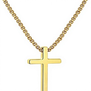 Collier Croix Religieuse Chrétienne pour Hommes et Adolescents, Pendentif Uni en Acier Inoxydable <span class=keywords><strong>Argent</strong></span>, Noir, Or, Chaîne Maille Forçat 16-30 - Product Image 2
