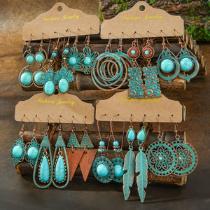 Fashion Jewelry Bohemian <b>Drop</b> Earrings Alloy Antique <b>Bronze</b> Plated Turquoise Women's Party Jewelry - Product Image 1