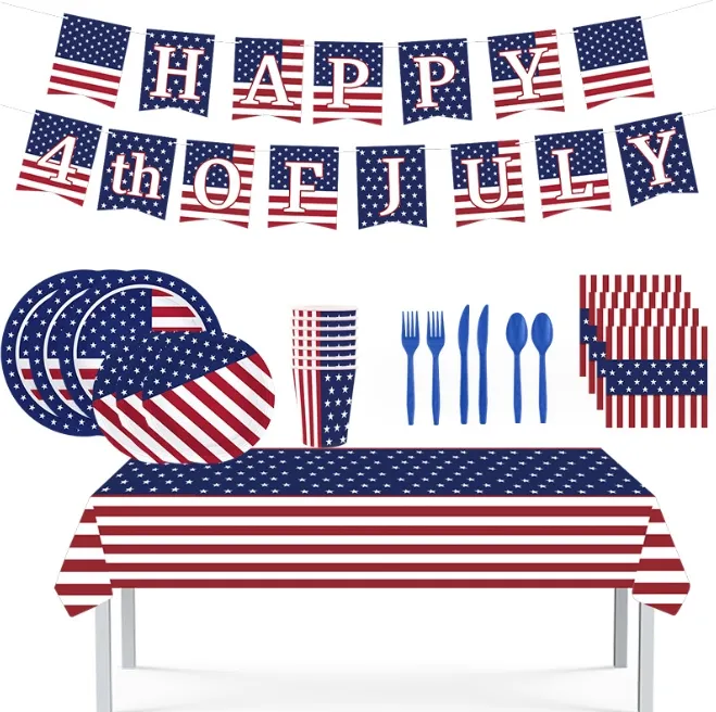 Juillet quatrième jour fête fournitures USA drapeau design vaisselle jetable ensemble assiettes en papier tasses serviettes couverts nappe drapeaux décor