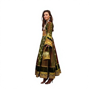 Vestido Tradicional Afgano Kuchi para Mujer, Vestidos Casuales de Terciopelo de Seda Verde con Bordado de Oro, Lentejuelas y Borlas, Vestido Largo - Product Image 1