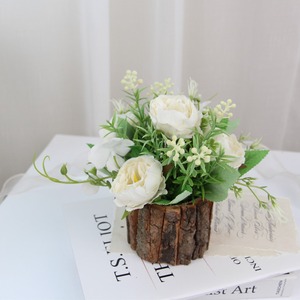 Retro Wooden Art Oil Painting Peony Bark Pot Artificial Mini Bonsai Set Home Decor Craft <b>Ornament</b> - Product Image 2