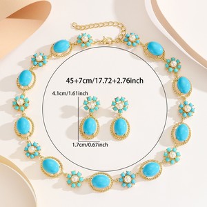 2026 Fashion Western Boho Plated True Gold Verified Flower India Wedding Necklace Turquoise Stone <strong>Pearl</strong> Jewelry <strong>Set</strong> for Women - Product Image 4