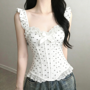 Débardeur Femme Y2K à Pois Doux avec Dentelle et Patchwork, Détail Nœud, Coupe Ajustée, Taille Cintrée, Esthétique Mignonne, Camisole - Product Image 2