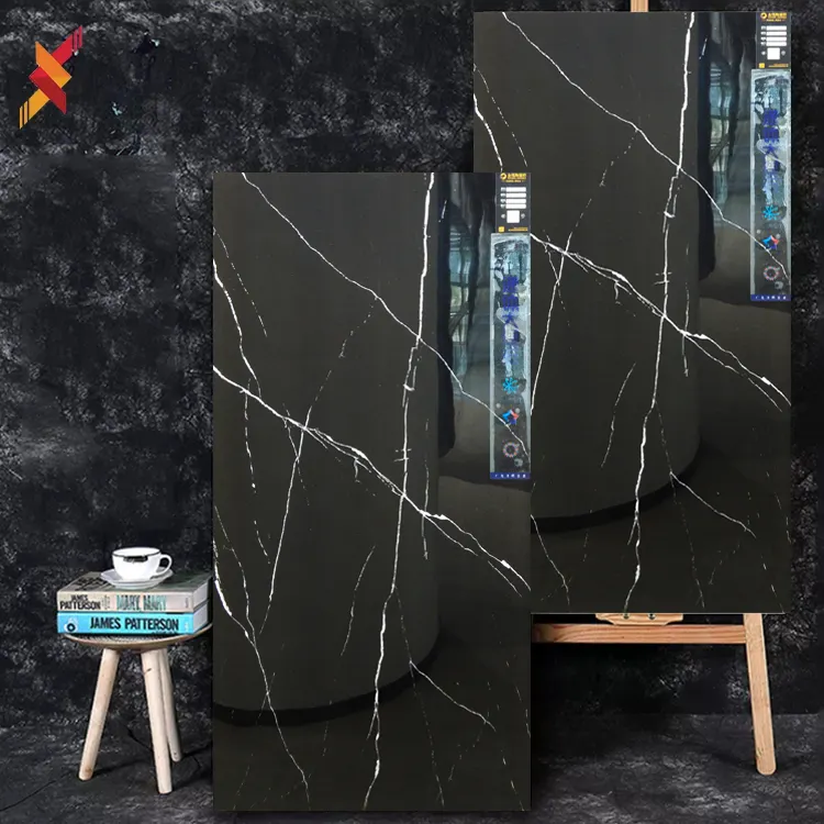 Large size 600x1200 polished vitrified luxury black marble ceramic porcelain big slab tiles for floor wall
