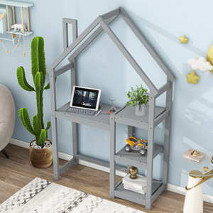 Gray Solid Wood Children's House <b>Desk</b> Bookshelf Multifunctional <b>Study</b> <b>Desk</b> For Bedroom Kids Tables - Product Image 2