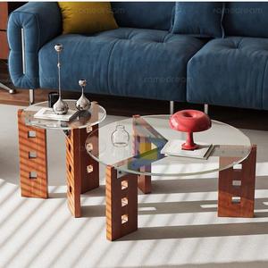 Mesa de centro de cristal Bauhaus de 50 cm de diámetro con base de madera maciza, muebles modernos para sala de estar - Product Image 5