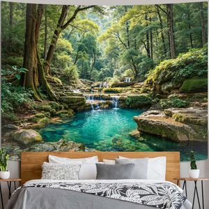 Türkisfarbener Waldfluss-Wandteppich aus Polyester, Bedruckt und Maschinenwaschbar, Wanddekoration, Wandbehang im Großhandel - Product Image 2
