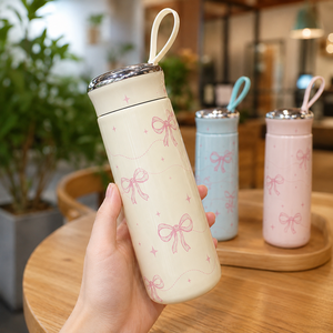 Personalized Cute Bow Print Glass Tumbler Eco-Friendly Portable Drinking <b>Bottle</b> with Loop Lid for Daily Use Promotional Gifts - Product Image 6