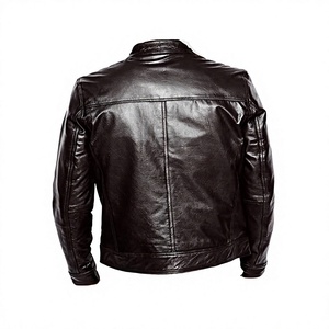 Men's Black Genuine Leather Moto Jacket Stand Collar Zipper Closure Slim Fit Regular Sleeve Autumn Style - Product Image 2