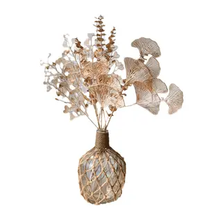 2023 new design golden simulation flower plastic gold leaf for wedding hotel home decoration